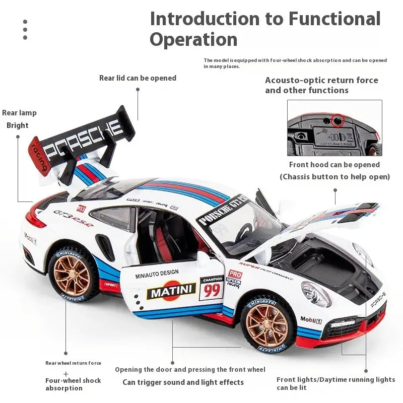 1:32 Porsche 911 GT3 RSR Diecast Toy Car With Sound & Light | Pull Back Metal Race Car Model For Boys & Collectors