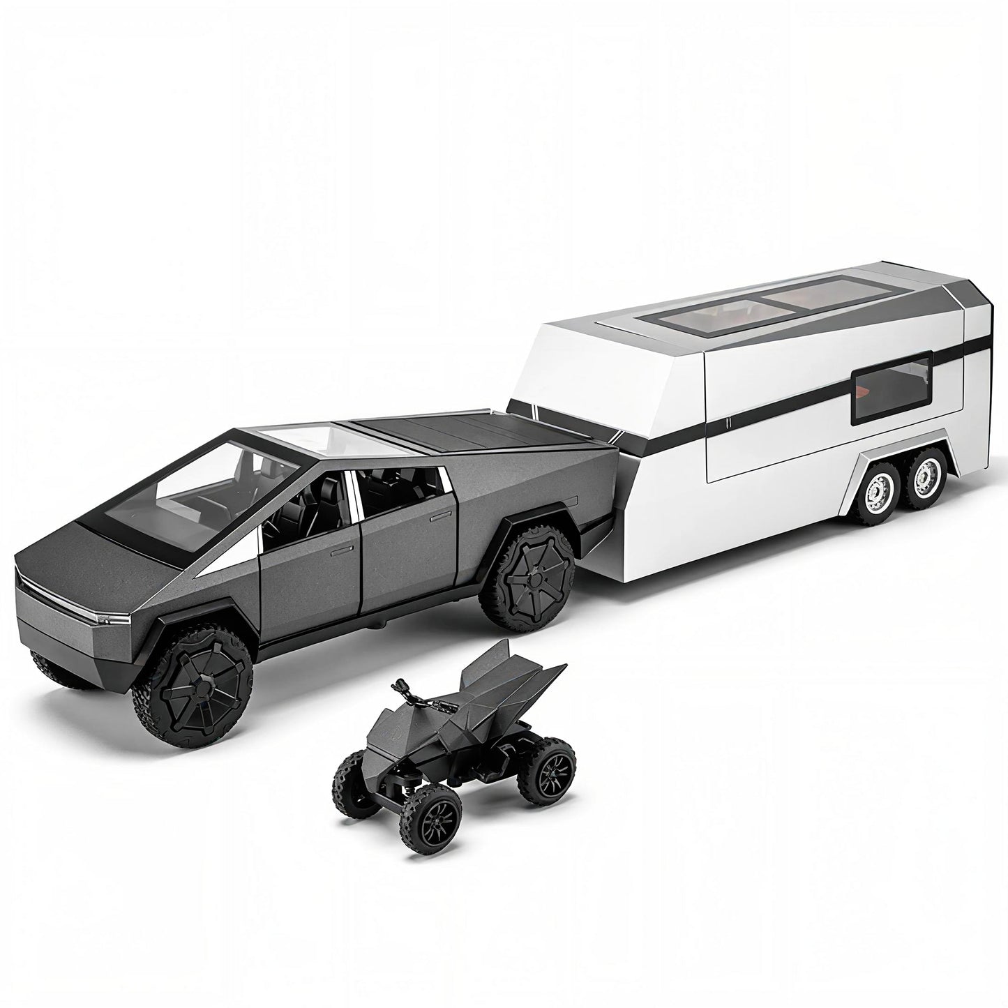 Tesla Cyber truck Style Diecast Metal Pickup Toy Car Set with RV Motorhome Trailer & ATV Quad Bike for Kids – Light & Sound