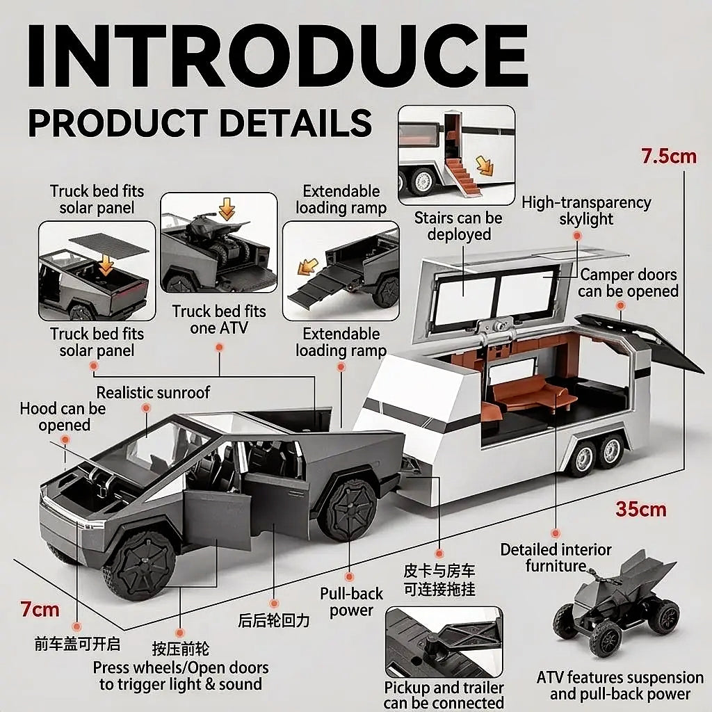 Tesla Cyber truck Style Diecast Metal Pickup Toy Car Set with RV Motorhome Trailer & ATV Quad Bike for Kids – Light & Sound