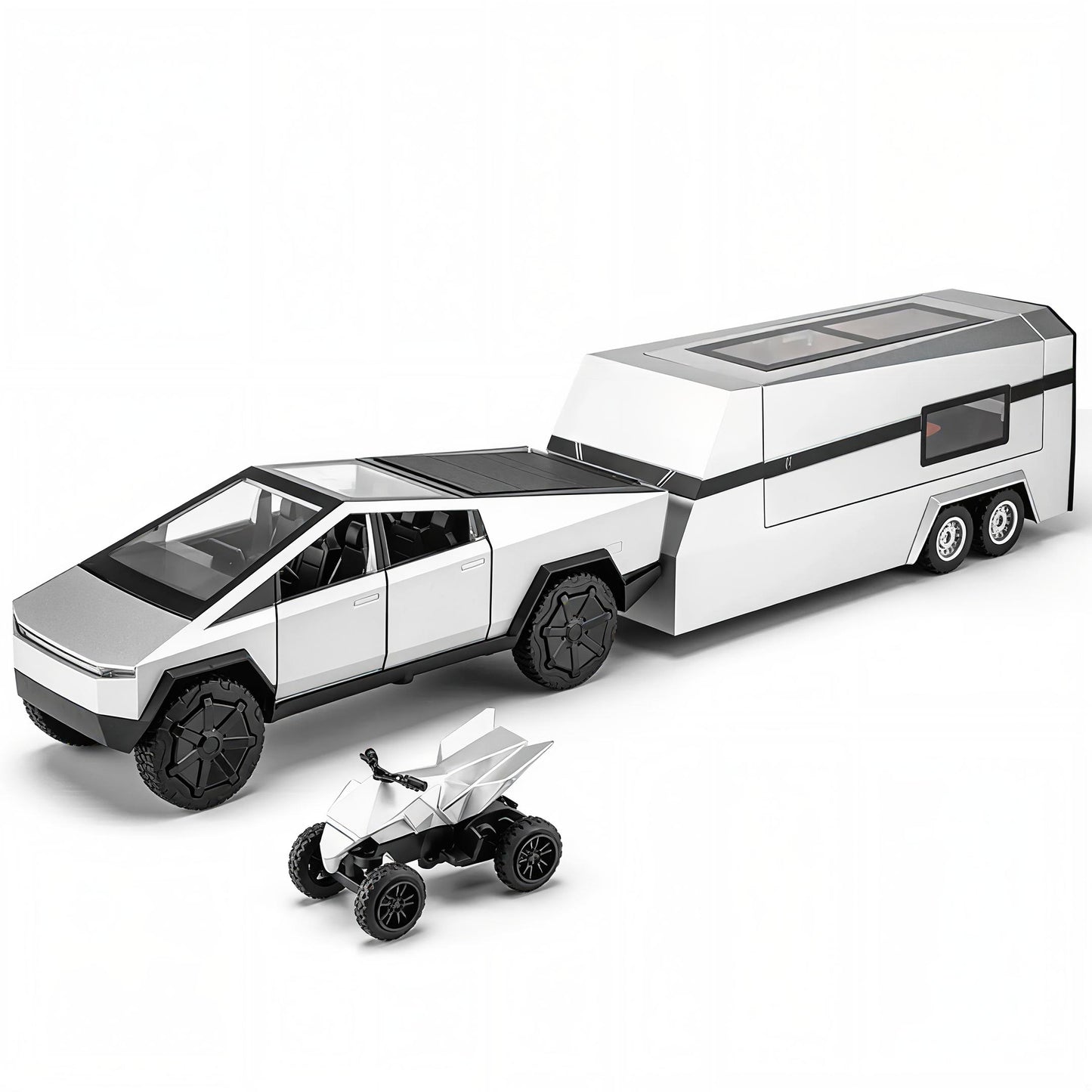 Tesla Cyber truck Style Diecast Metal Pickup Toy Car Set with RV Motorhome Trailer & ATV Quad Bike for Kids – Light & Sound