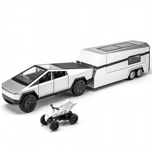 Tesla Cyber truck Style Diecast Metal Pickup Toy Car Set with RV Motorhome Trailer & ATV Quad Bike for Kids – Light & Sound